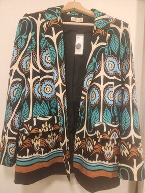 Retro Floral Print Blazer with Teal & Brown Accents